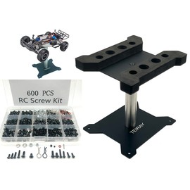 TEIRAY 600pcs Universal RC Screw Kit Screws Assortment and Aluminum Repair Work Stand Hardware Fasteners for Traxxas Axial Redcat HPI Arrma SCX10 Losi 1/8 1/10 1/12 1/16 Car Crawler Body Clips（Black）