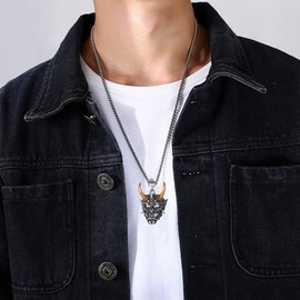 JKJF 2 Pcs Devil Mask Pendant Necklace Rings Set Mask Skull Necklace Evil Demon Ghost Horn Skull Pendant Necklace Goth Punk Rock Hip Hop Necklace for Men Boys - Gold