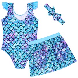 ALISISTER Mermaid Bathing Suit for Girls Toddler 4t Swimsuit 3 Piece with Cover Up Skirt Summer Beach Headband Swimwear