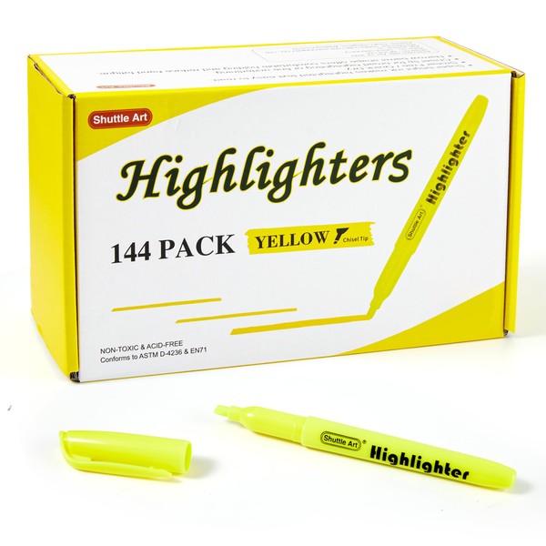 Shuttle Art 144 Pack Highlighters, Yellow Highlighter Pen Bulk with
