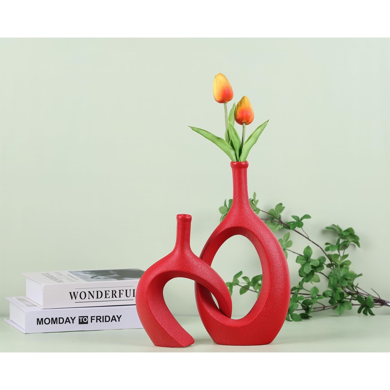 WUBIANJIE Red Ceramic Vase Set - Modern Boho Decor, Snuggle