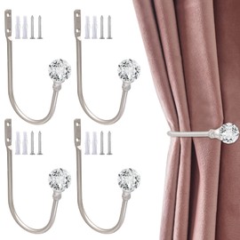 Curtain Holdbacks 4 Pack Curtain Tieback Hooks Crystal Curtain Holdbacks Silver Curtain Holders for Drapes Wall Mount Drapery Holdback Hooks Decorative Metal Curtain Tiebacks Window Treatment Holdback
