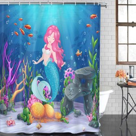 ArtSocket Mermaid Bathroom Set with Shower Curtain and Rugs Accessories, Kids Sea Girl Princess Beauty Shower Curtain for Bathroom Ocean Underwater World Bathroom Decor 4 Pcs