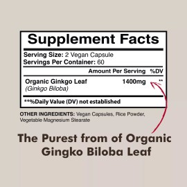 American Standard Supplements Organic Ginkgo Biloba 1800mg, Ginko Biloba Leaf, 120 Veggie Caps