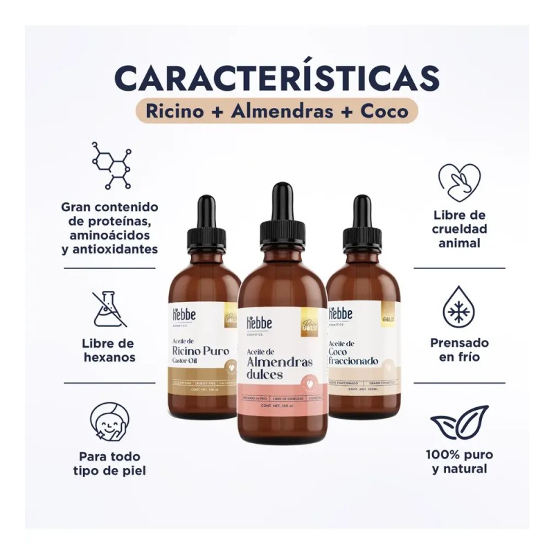 Pack Hebbe Cosmetics Aceite Ricino Almendras Coco Orgánico Puro 300ml