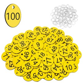 Flintronic Pack of 100 Plastic Number Plates, Plastic ID Number Plates, Small Waterproof Number Tags, ID Tags with Hole, with Key Rings, for Wardrobe Hotel (Yellow, 1-100)