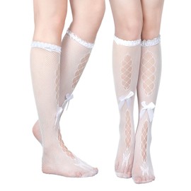Geyoga 4 Pairs Women's Fishnet Knee High Stockings Lace Hollow out Women's Calf Socks Ankle Sheer Socks(Black, White,Bowknot and Ruffle)