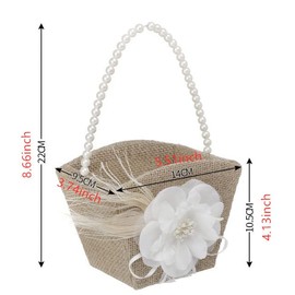 Yuudar Wedding Decoration Basket, Vintage Rustic Burlap Flower Girl Basket, Pearl Double Love Heart Bowknot, 4pcs