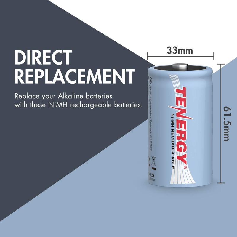 Tenergy 10000mAh NiMH D Battery, Rechargeable High Capacity D Size