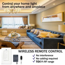 Remote Control Switch,Wireless Light Switch and Receiver Kit,164Ft RF Range,Wireless Light Switch,Remote Control Wall Switch Lighting Fixture for Lamp,Ceiling Light,Fans.