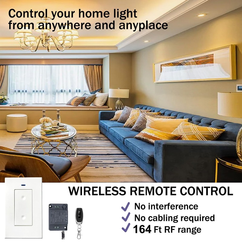 Remote Control Switch,Wireless Light Switch and Receiver Kit,164Ft RF Range,Wireless