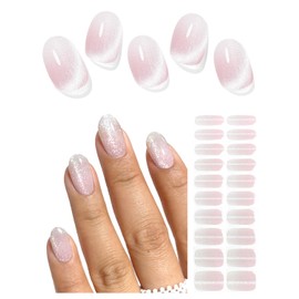 AutyaMee Semi Cured Gel Nail Strips (Crystal Cat Eye), Pink Omber, 20 Pcs Gel Nail Wraps, Stickers, UV Light Required, Salon Quality, Long Lasting