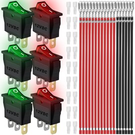 MKBKLLJY Pack of 6 Rocker Switches 3 Pins 2 Positions On/Off 20A 12V DC SPST Red Green LED Light Illuminated Small Mini Boat Rocker Switch for Locking 18 Pieces Connection Cable Sheath