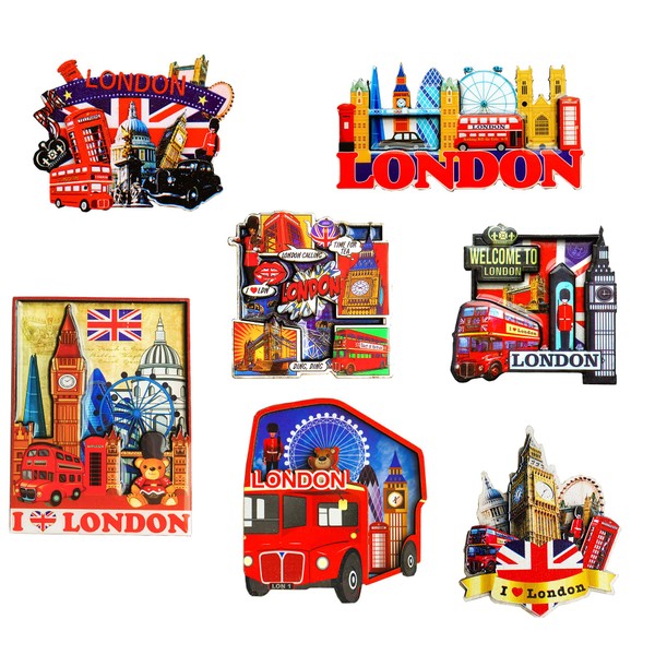 Set of 7 London Wooden Fridge Magnets - Iconic UK