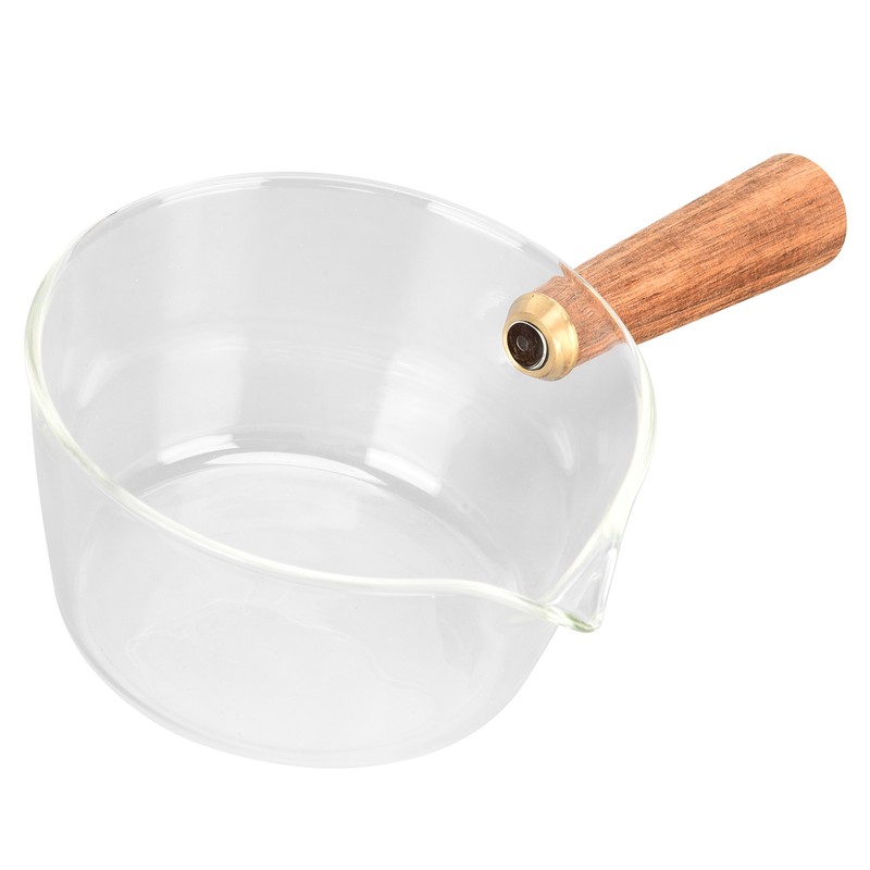 Glass Milk Pot with Wooden Handle V Shaped Spout Noodles