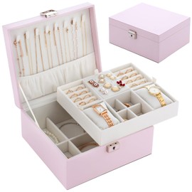 LISRUGEN Jewelry Organizer Box for Women,2 Layer Large Jewelry Organizers and Storage with Earring Holder Organizer Removable Velvet Jewelry Tray,Christmas Gifts for Mom,Pink