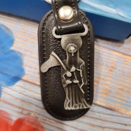 Santa Muerte Keychain Faux Leather Black With Concho
