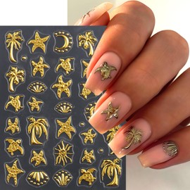 3Pcs Summer Ocean Style Nail Art Stickers 5D Embossed Marine Life Nail Decals Gold Starfish Coconut Tree Sea Turtles Nail Design Metallic Gold Beach Sea Sun Nails Supplies for Women Nail Decorations