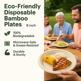 50-Pack 9-Inch Disposable Bamboo Paper Plates – Compostable, Biodegradable, PFAS-Free – Heavy-Duty Natural Brown Eco-Friendly Plates for Parties, Camping, Events