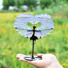 JIC Gem Rainbow Fluorite Crystals Heart Stones Wings Heart Shape Crystal Stones Ornament Healing Crystal Stones Carved Wings on Stand Home Decor Reiki Gifts 14cm