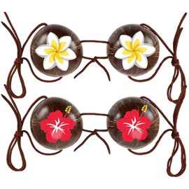 Cozypower 2 Pcs Hawaiian Flower Coconut Bra with Cord Halloween Costume Colorful Flower Coconut Bikini Top Shell Chest Tops for Women Bikini Luau Party Summer Party Brown
