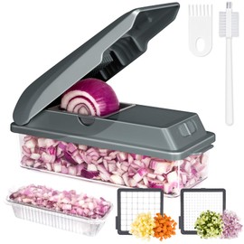 X Home Vegetable Chopper, Includes 3 Aluminum Foil Pans for Food Storage, Veggie Chopper for Cucumber, Carrots, Onion, Potatoes, Chopper Vegetable Cutter with Container, 2 in 1, Easy Cleaning, Grey