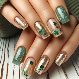 24 Pcs Saint Patrick's Day Press on Nails Medium Length Fake Nails Spring Glitter False Nails with Lucky Clover Design Green Shamrock Nails Glossy Full Cover Reusable Stick on Nails for Women