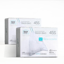 Home Zone Living 2-Pack 12 Gallon Kitchen Trash Bags with Drawstring Handles, Heavy Duty Custom Fit Design for Standard 45 to 50 Liter Kitchen Trash Cans, Code 45S, 60-Count