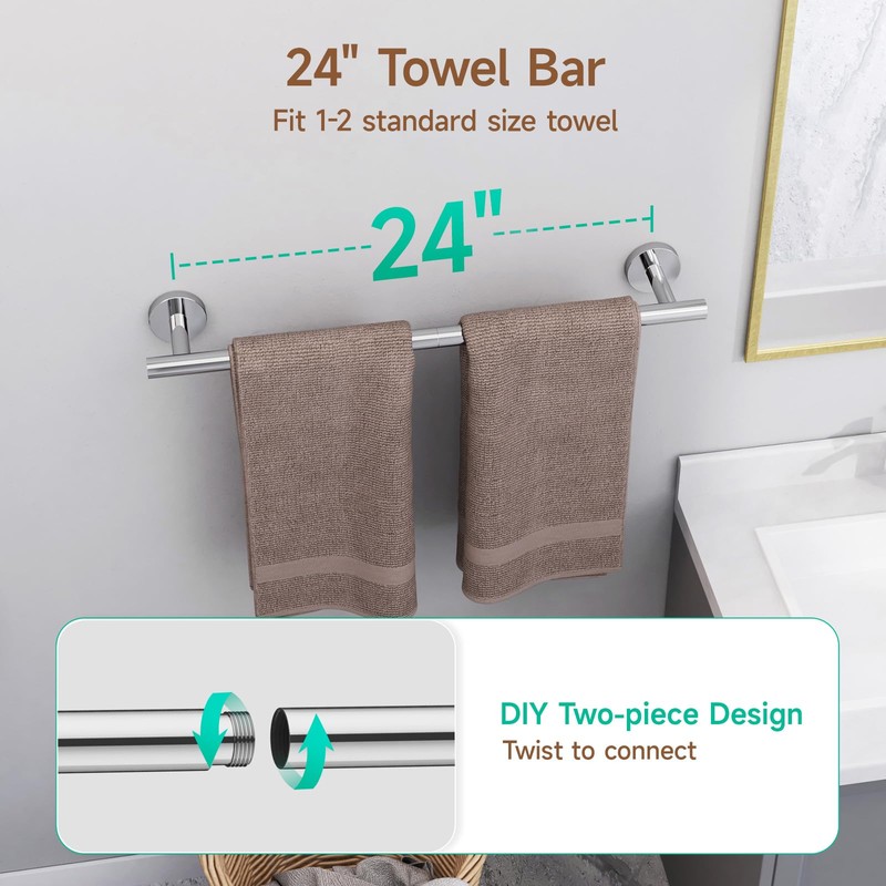 USHOWER Polished Chrome Bathroom Accessories Set, 24-Inch Towel Bar Set