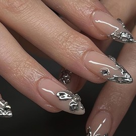 ROFIBUT Irregular Silver French Tip Press on Nails Medium Almond Fake Nails with 3D Embossed Designs Nude Pink Full Cover Artificial Acrylic Nails Glossy Silver Chrome False Nails for Women 24Pcs