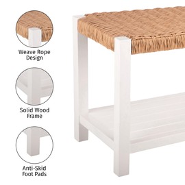 Alaterre Furniture Bench with Handcrafted Woven Rope Seat - Newport Collection 40-Inch Wood Bench with Storage Shelf for Entryway or Bedroom - Indoor Bench (White)