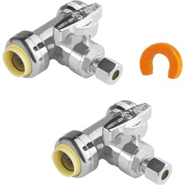 WiseWater Tee Stop Valves 1/2" Push x 1/2" Push x 3/8" O.D Push Fit Valve with Disconnect Clip, 1/4 Turn Chrome Plated Brass Water Shut Off Valve for Copper, PEX, CPVC Pipe (2 Pack)
