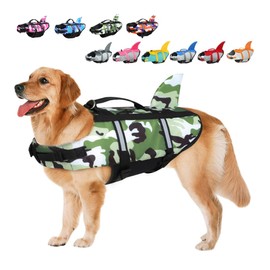 Large Dog Life Jacket Shark, Dog Swimming Safety Vest with Reflective Stripes & Rescue Handle, Adjustable High Buoyancy S/M/L Dog Swim Life Preserver for Water at Pool, Beach, Boating Camo Green S