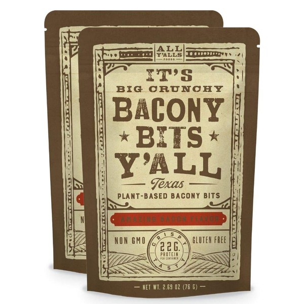 All Y'alls Foods Vegan Bacon Bits - Big and Crunchy - Plant Based, Non-GMO, Gluten Free, High Protein (2-Pack)