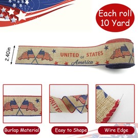 Hying Veterans Day Ribbons for Crafting, Patriotic Wired Edge Ribbons Natural Burlap Ribbons American Flag Craft Ribbons for Gift Wrapping Memorial Day Decorations Supplies, 2.5"×10 Yards