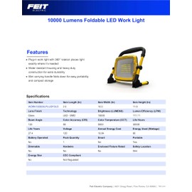 Feit Electric WORK10000XLPLUGFOLD Portable Plug-in LED Work Light, 10,000 Lumens, 5000K Daylight, Heavy-Duty 18/3 Power Cord, Compact Folding Design, 30,000-Hour Lifespan
