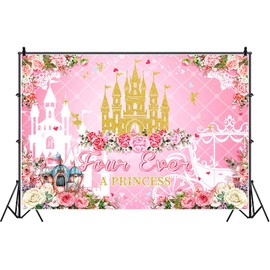 HANSHUAI Four Ever a Princess Backdrop Pink Princess 4th Birthday Party Photography Background Girls Fairy Castle 4 Years Old Bday Decor Banner Portrait Photo Booth Studio Props 7x5ft FU026DX