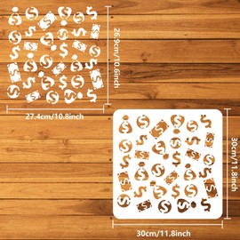 FINGERINSPIRE Money Signs Painting Stencil 11.8x11.8inch Hollow Out Coins Stencil Banknotes Money Bags Drawing Template Large Money Symbols Daily Theme Stencil for Home Wall Floor Furniture Decoration