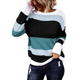 FEKOAFE Womens 2024 Fall Sweaters Trendy Causal Striped Color Block Crew Neck Long Sleeve Knitted Warm Sweaters Blue L