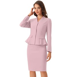 Allegra K 2 Piece Skirt Sets for Women Long Sleeve Blazer and Pencil Skirt Business Suits Large Pink