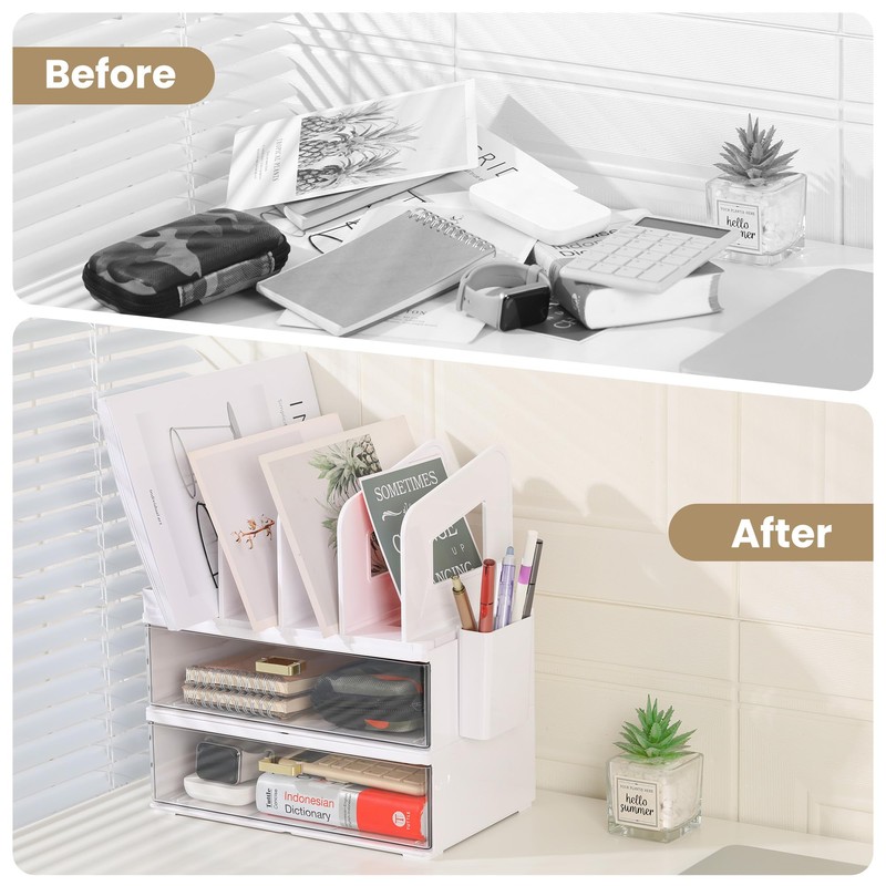 LALOBLUE Acrylic Desk Organizer with Drawer and Vertical File Holder,