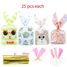 100 Pcs Easter Rabbit Long Ear Candy Gift Bags Cute Bunny Shape Easter Goodie Bags Cute Drawing Cookie Snack Bags for Party Favor Supplies
