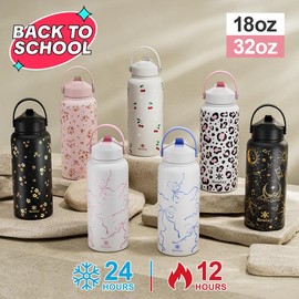 KEWIXY 18oz&32oz Insulated Water Bottle, Flip Straw Lid, Stainless Steel, Leak Proof, 24-hour Cold, Reusable, Portable for Travel, Gym and School Tumbler Mug:_18oz Breeze Pink Bow