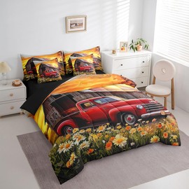 Farm Truck Bedding Set Queen Size 7 Pcs,Country Rustic Flowers Bed Set Watercolor Oil Painting Comforter Set With Sheets,Bed in a Bag with Comforter,Sheets,Pillowcases & Cushion Cover Room Decor