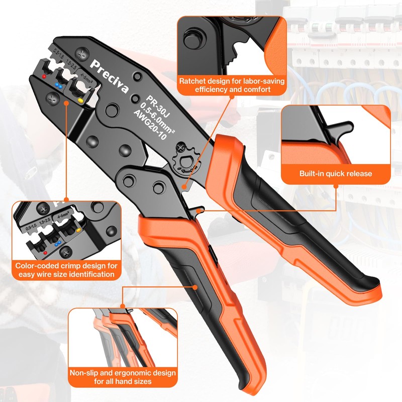 Preciva Crimping Tool for Insulated Terminals Wire Connectors, AWG20-10 Ratchet