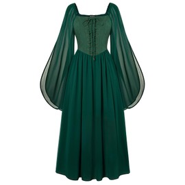 Scarlet Darkness Renaissance Costume Women Medieval Dresses Lace Up Bell Sleeve Long Elf Fairy Dress Forest Green L