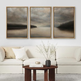 SIGNFORD Framed Canvas Print Wall Art Set Tranquil Lake at Dusk Illustration Modern Art Decorative Nordic Minimal Zen for Living Room, Bedroom, Office - 16"x24"x3 Natural