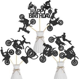 Dirt Bike Centerpiece Sticks 16pcs Glitter Motocross Dirt Bike Birthday Party Centerpieces for Table Black Motorbike Theme Decorations for Man Boy Motorcycle Birthday Party Baby Shower Supplies