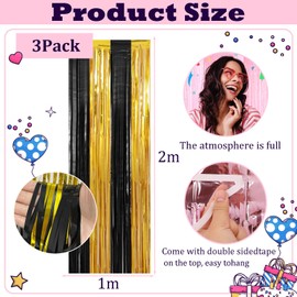 3pcs Black Gold Tinsel Curtains Tinsel Backdrop Party Foil Door Curtain,1*2m Glitter Fringe Curtain Wall Tinsel,Shimmer Curtains Tassel Backdrop for Birthday New Year Eve Graduation Party Decorations