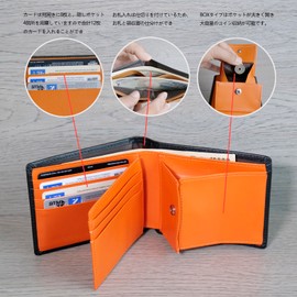 Aimato Men's Bi-fold Wallet, Genuine Leather, Box-Shaped, Coin Purse, Large Capacity, Thin, Soft, Easy to Use, orange